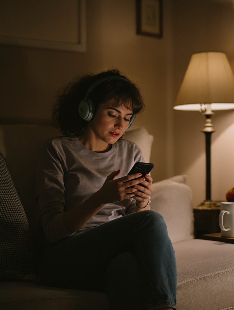 A woman sitting on a sofa in a lamplit room in the evening, looking at her phone.