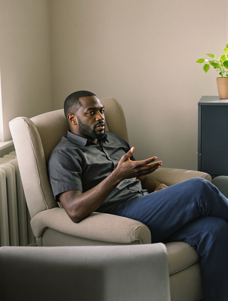 A counsellor sitting with a notebook in a quiet room full of plants, listening.