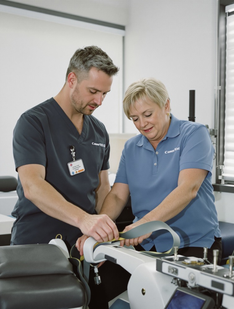 Two physiotherapists talking beside a treatment table in a bright room.