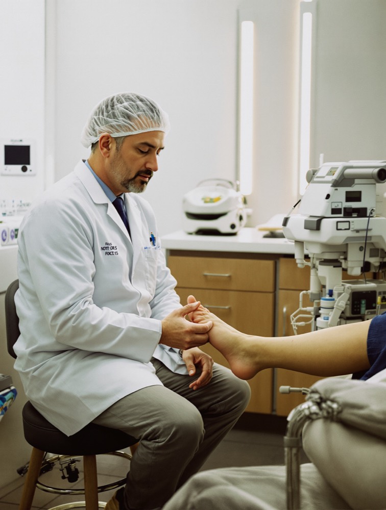 A podiatrist on a low stool, examining a patient's foot in a treatment room.